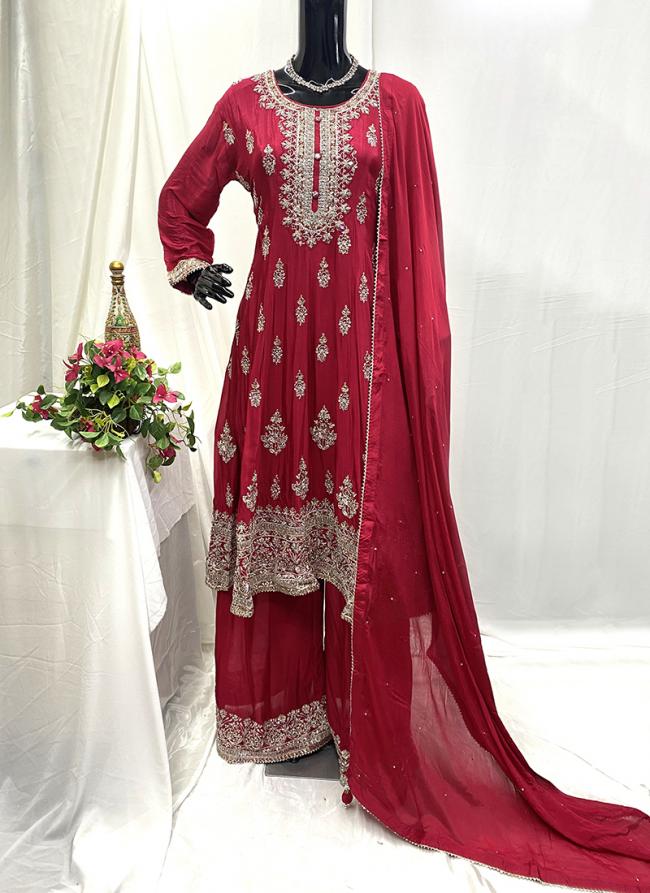 Chiffon Red Wedding Wear Hand Work Readymade Plazzo Suit